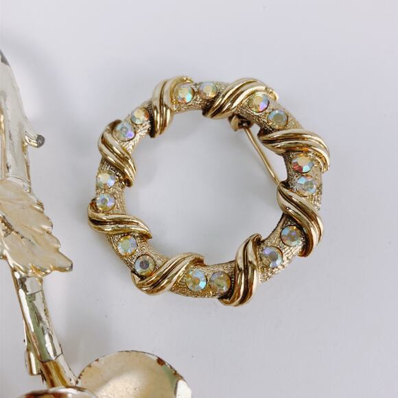 VTG Mid Century Brooch Lot of 3 Floral Faux Pearl Rhinestone Gold Tone Pins - Picture 3 of 13